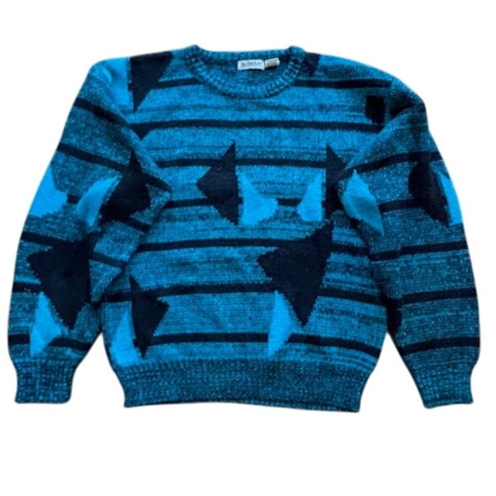 Vintage 80's Koman Blue and Black Pattern Crewneck Knitted Sweater Size Small